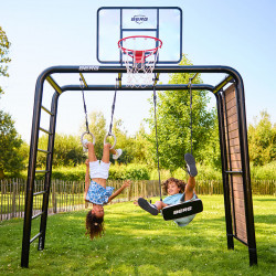 Kids swinging and hanging upside down on the BERG PlayBase