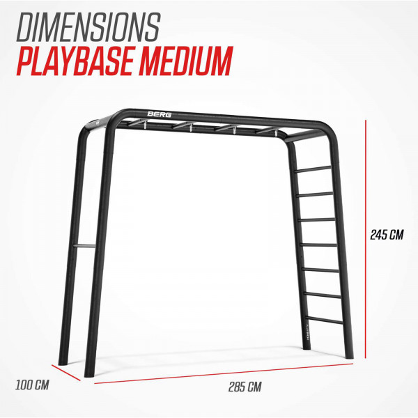 Dimensions of the medium BERG PlayBase with a ladder and horizontal bar