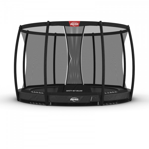 Front view of the grey 330 cm BERG Champion InGround Trampoline with Safety Net Deluxe