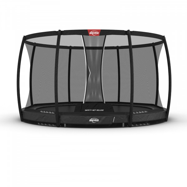 Front view of the grey 430 cm BERG Champion InGround Trampoline with Safety Net Deluxe
