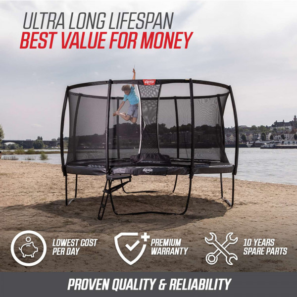 Model jumping on a BERG Champion trampoline with safety net, highlighting its premium warranty and 10-year spare parts availability