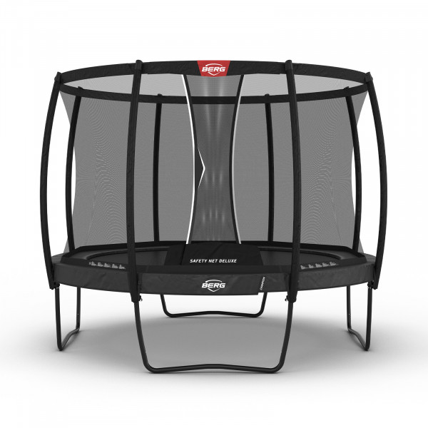 Front view of the grey 330 cm BERG Champion Regular Trampoline with Safety Net Deluxe