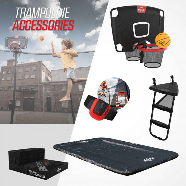 BERG Champion trampoline accessories including basketball hoop, ladder, jump tracker, AirTrack mat and other accessories