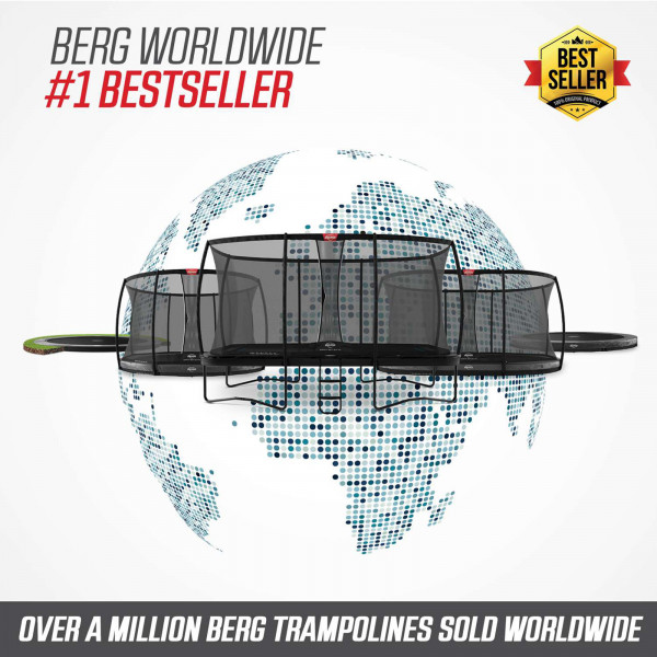 BERG Champion trampoline range with a globe highlighting over one million BERG trampolines sold worldwide