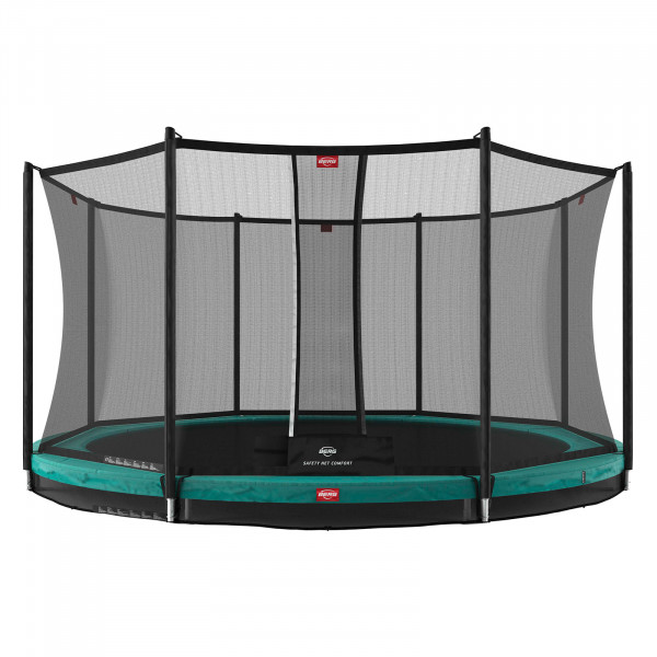 Front view of the BERG Favorit InGround trampoline with safety net comfort, 330 cm, green.
