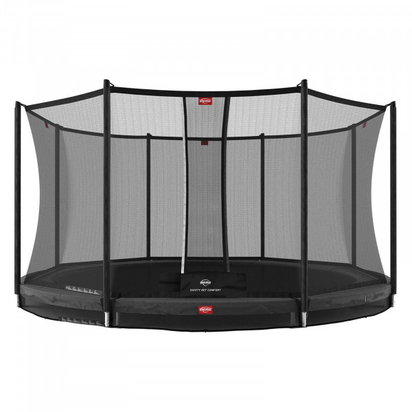 Front view of the BERG Favorit InGround trampoline with safety net comfort, 430 cm, grey.