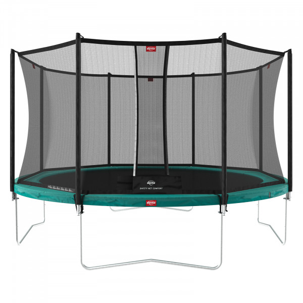 Front view of the BERG Favorit Regular trampoline with safety net comfort, 380 cm, green.
