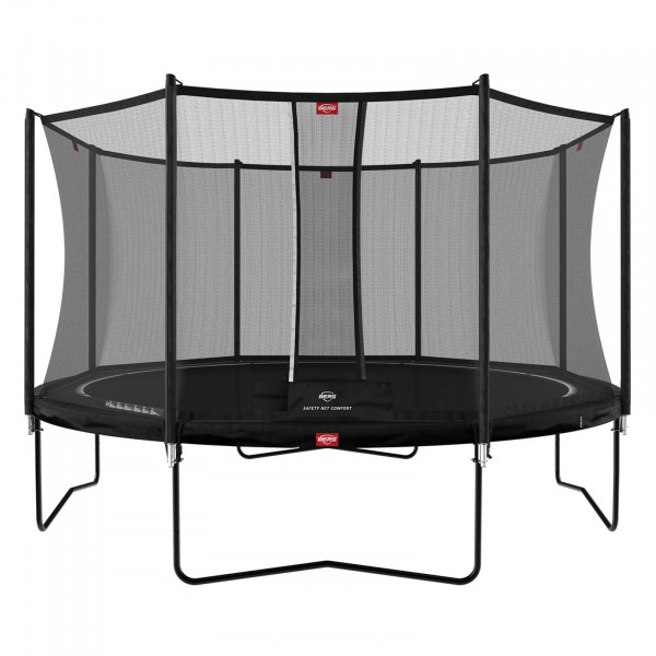 Front view of the BERG Favorit Regular trampoline with safety net comfort, 430 cm, black.