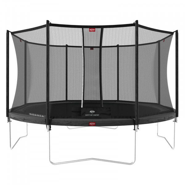 Front view of the BERG Favorit Regular trampoline with safety net comfort, 430 cm, grey.
