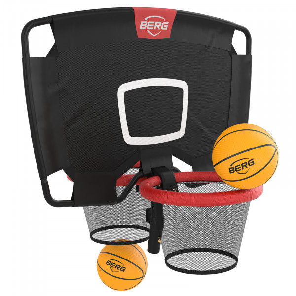 Front view of the BERG TwinHoop Basketball Hoop with two basketballs.