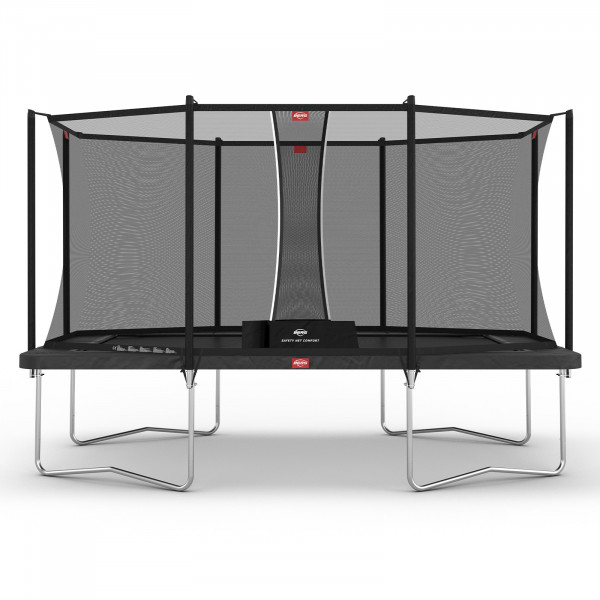 Front view of the grey 410cm BERG Ultim Favorit Regular Trampoline with safety net comfort.