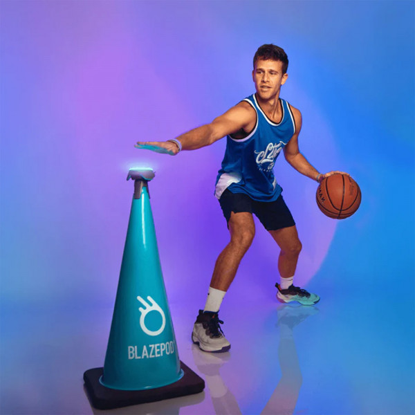 User training with basketball and BlazePod XL Cone Duo