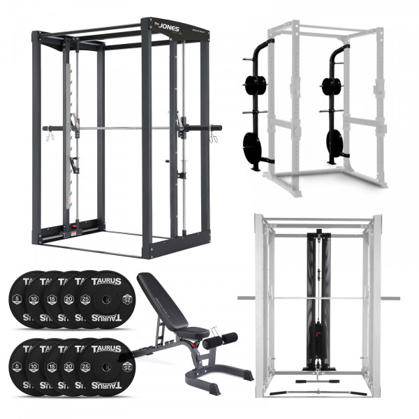 Bodycraft Jones Light Comm Smith + Lat Attachments, Plate Storage, 150kg Bumper Set + Bench
