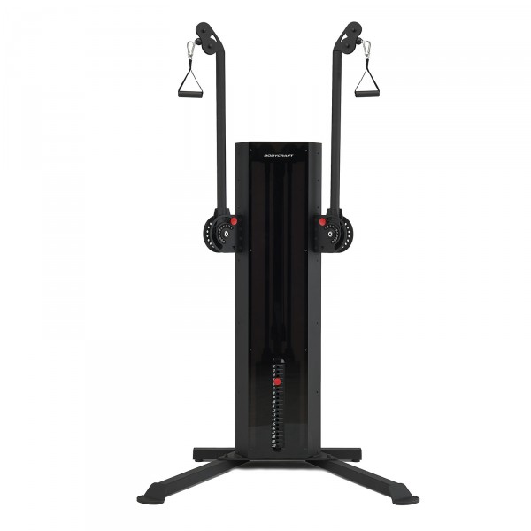 Frontal view of the BodyCraft EFT Functional Trainer with its arms raised