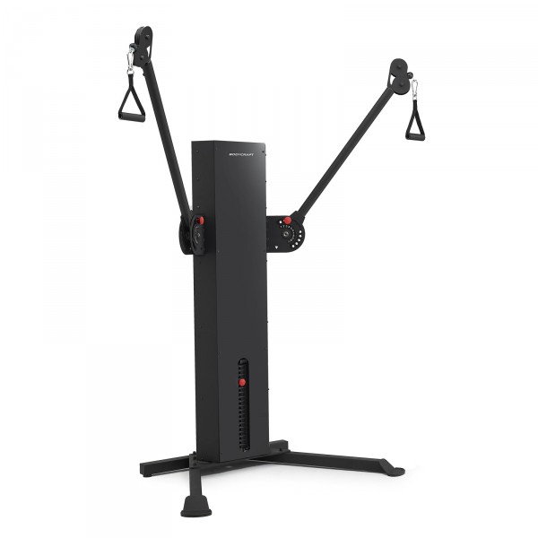 Diagonal view from the right, featuring the BodyCraft EFT Functional Trainer with raised arms