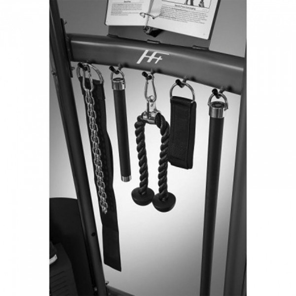 Close up of attachments hanging on the BodyCraft HFT Functional Trainer