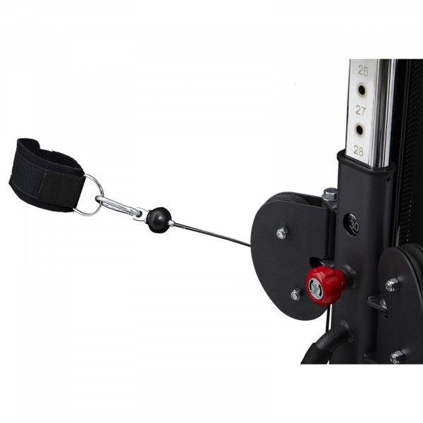 Close-up of lower pulley and ankle strap on BodyCraft Cable Pull Station