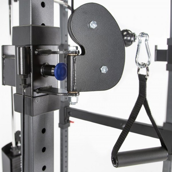 Close-up of the adjustable pulley on the BodyCraft F438 RFT Attachment.
