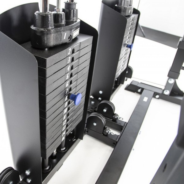 Detail of the dual 90kg weight stacks on the BodyCraft F438 RFT Attachment.

