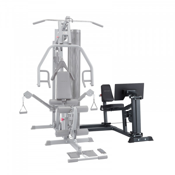 White background product image of the BodyCraft X-Press Leg Press Attachment. The image shows the unit attached to the BodyCraft X-Press Multi-Gym however the Multi-Gym is greyed out to showcase the Leg Press. The Multi-Gym is sold separately. 
