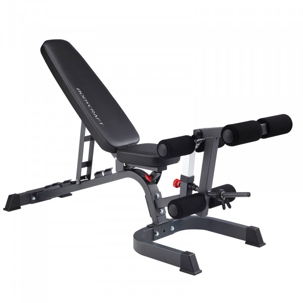 Hero product image of the BodyCraft F602 Deluxe Flat/Incline/Decline Utility Weight Bench, including leg developer attachment
