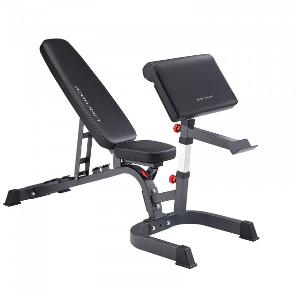 Hero product image of the BodyCraft F602 Deluxe Flat/Incline/Decline Utility Weight Bench, including preacher attachment
