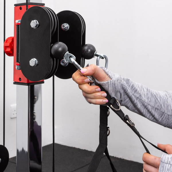 Close-up of the pulley attachment point on the BodyMax CF810 Elite Adjustable Hi-Low Pulley