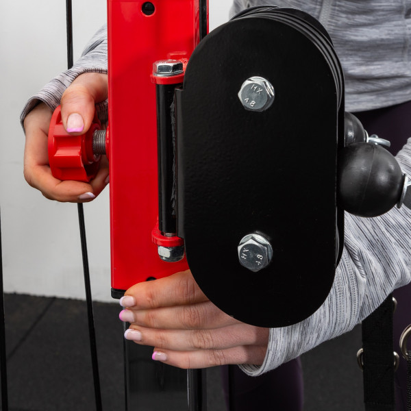 Close-up of the height adjustment knob on the BodyMax CF810 Elite Adjustable Hi-Low Pulley