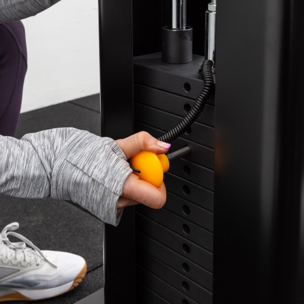 Close-up of the weight stack selector on the BodyMax CF810 Elite Adjustable Hi-Low Pulley