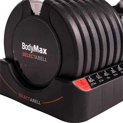 Side close up of the BodyMax 34 kg Selectabell Adjustable Dumbbell in base