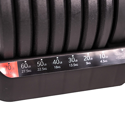 Close up of BodyMax 34 kg Selectabell Adjustable Dumbbell weight scale
