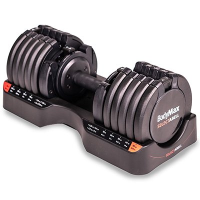 Angled view of the BodyMax 25 kg Selectabell Adjustable Dumbbell on a base