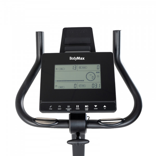 Close-up of the console and handlebars on the BodyMax UC200 Upright Bike