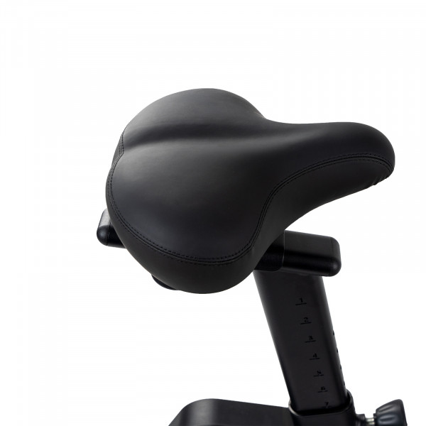 Close-up of the adjustable saddle on the BodyMax UC400 Upright Bike