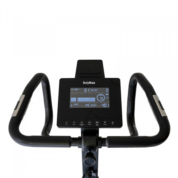 Close-up of the console and handlebars on the BodyMax UC400 Upright Bike