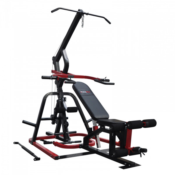 Front-right angled view of the BodyMax CF500 Elite Leverage Gym with bench