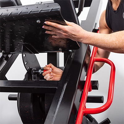 Closeup of footplate adjustment on the BodyMax CF800 Leg Press / Hack Squat Machine