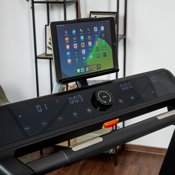 Close-up of the BodyMax TR200 Treadmill console with tablet