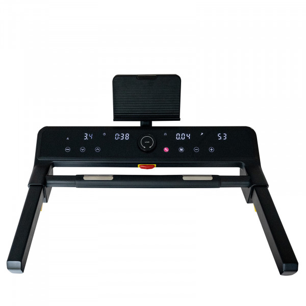Top-angled view of the BodyMax TR200 Treadmill console