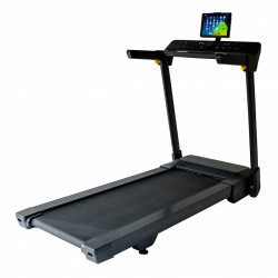 Front-left view of the BodyMax TR200 Treadmill with tablet on holder