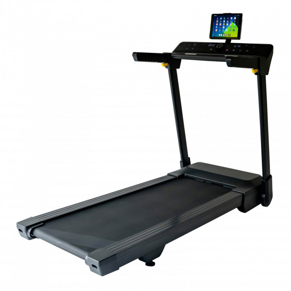 Front-left view of the BodyMax TR200 Treadmill with tablet on holder