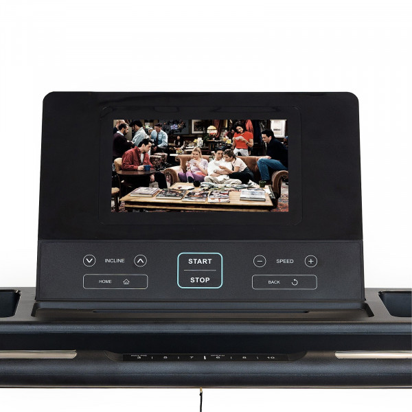 Display screen of the BodyMax TM70 treadmill showing TV show