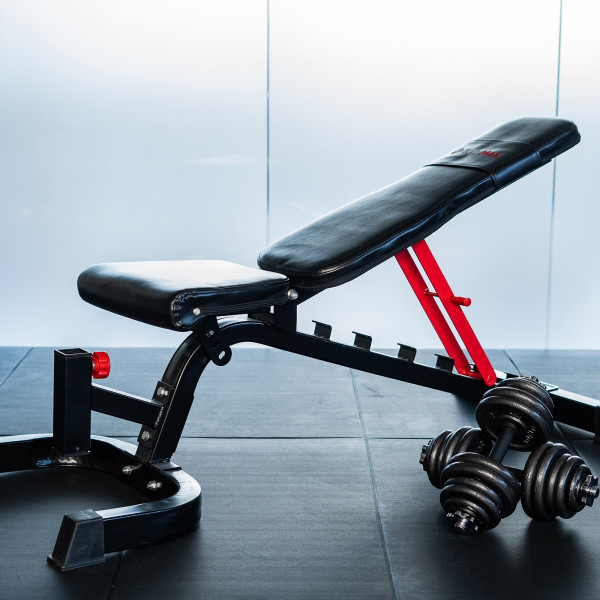Side view of the BodyMax CF430 Adjustable Heavy Duty Weight Bench with dumbbells