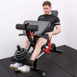 User using the leg developer on the BodyMax CF330 Premium Weight Bench