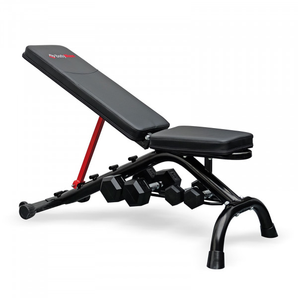 Front-left angle of the BodyMax CF325 FID Utility Weight Bench with dumbbells stored underneath