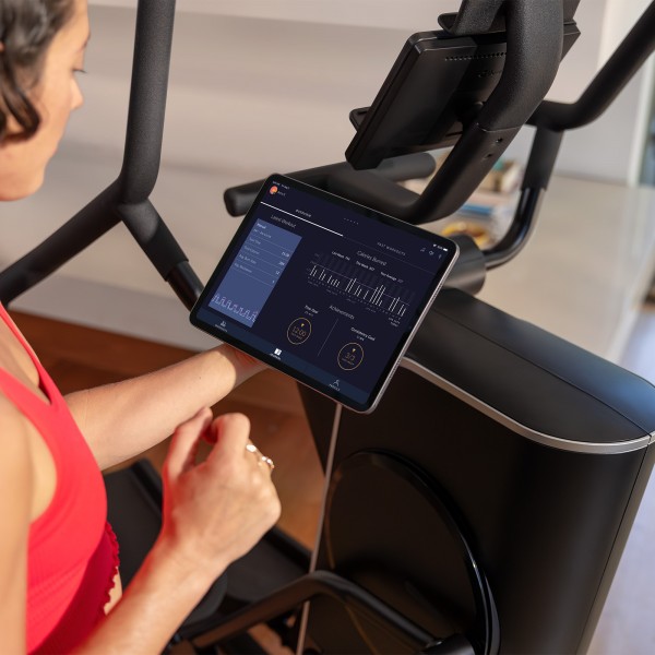 Close-up of the LCD readouts on the BowFlex Max Trainer SEi, displaying key workout metrics and settings