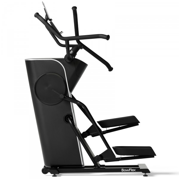 A side view of the BowFlex Max Trainer SEi from the left, displaying a tablet in its holder