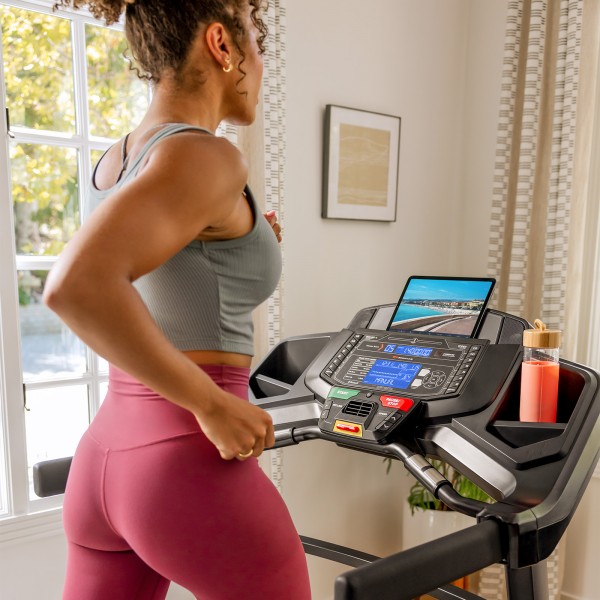 Close-up of the console and display on the BowFlex BXT8Ji Folding Treadmill
