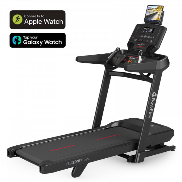 Front-right view of the Bowflex T9 Treadmill with a tablet and with Apple Watch and Galaxy Watch icons