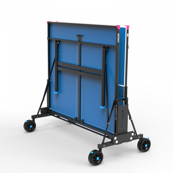 The Butterfly Spirit M4 Outdoor Table Tennis Table in blue, folded for easy storage.